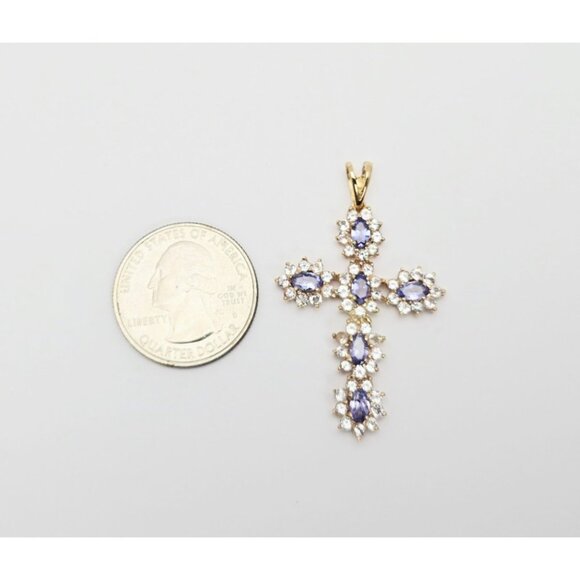 Unique 10K Karat Solid Yellow Gold Religious Tanzanite & CZ Cross Pendant Charm - Picture 10 of 13